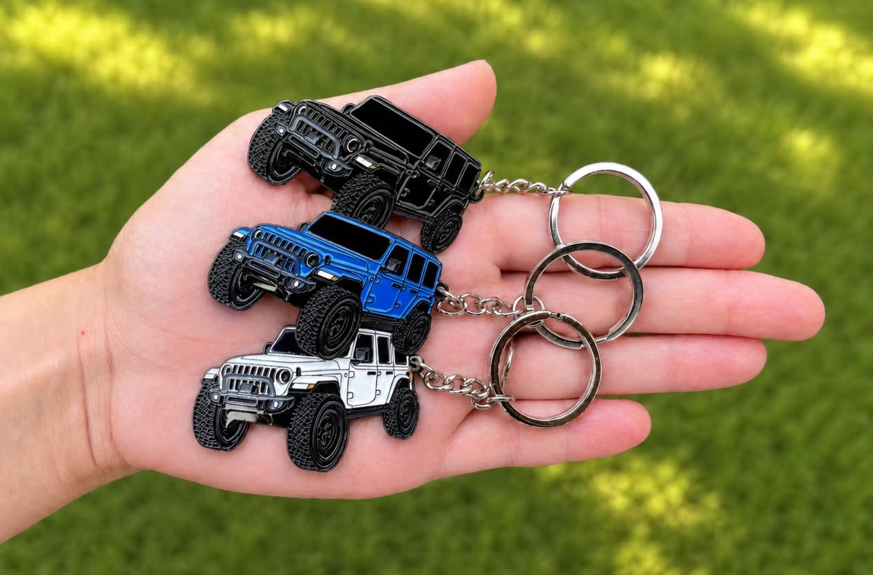 FOUR WHEEL BEAST Jeep Wrangler keychain in yellow delivers high-contrast flair and easy grip