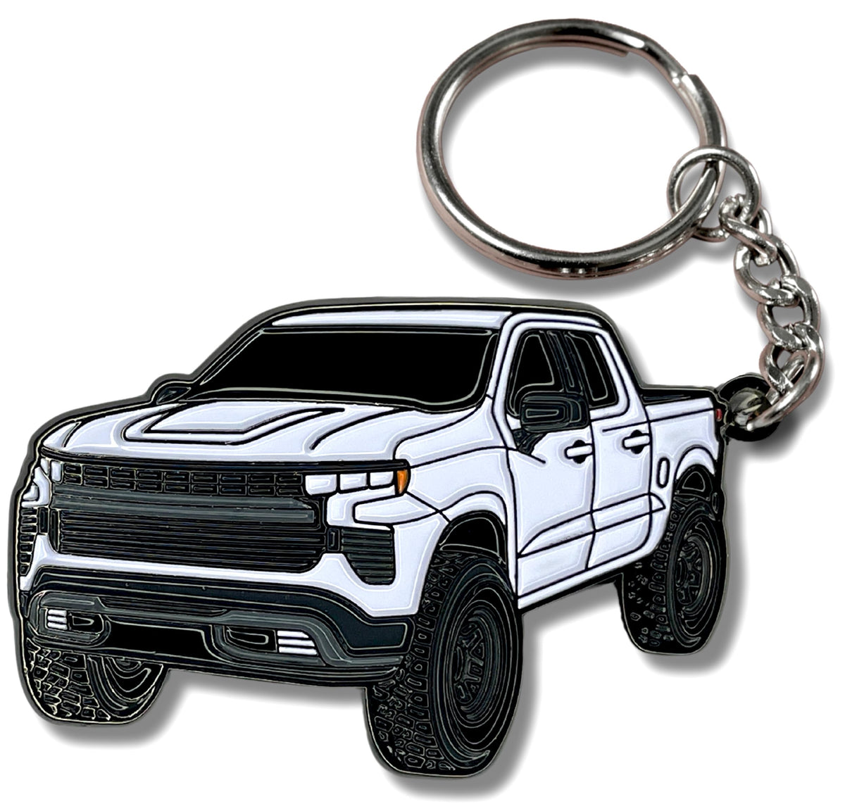 Four Wheel Beast metal keychain white front view, durable enamel detail for Chevy Silverado.