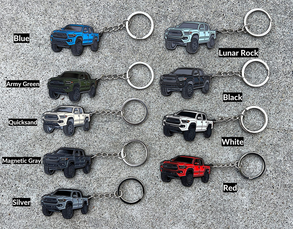 FOUR WHEEL BEAST Tacoma keychain in Army Green provides rugged flair for outdoor-ready builds.