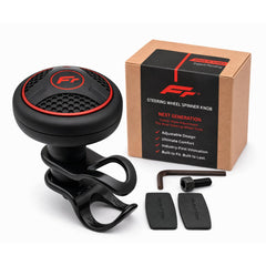 Fouring steering wheel knob with secure clamp for stable steering during tight parking.