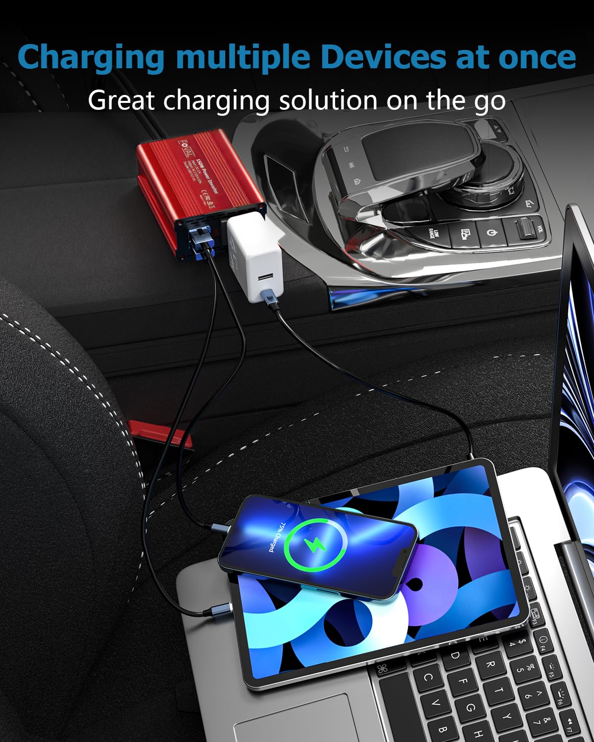 FOVAL inverter AC outlet and USB ports power a laptop and devices during travel