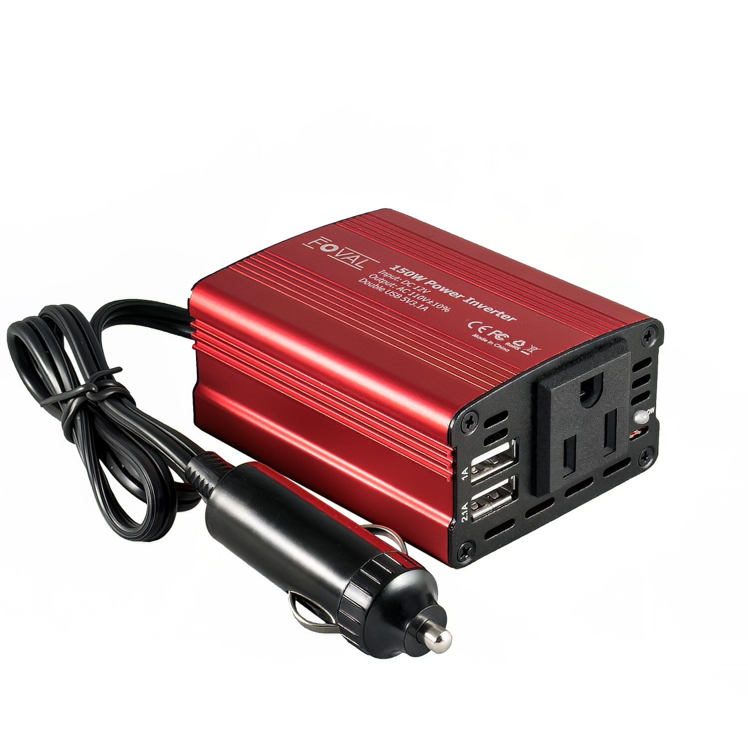 FOVAL 150W car power inverter front view showing compact aluminum shell for on-the-go charging