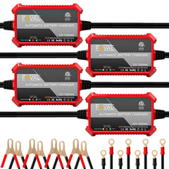 FOVAL 4-Pack 12V smart charger overview with compact design for easy storage