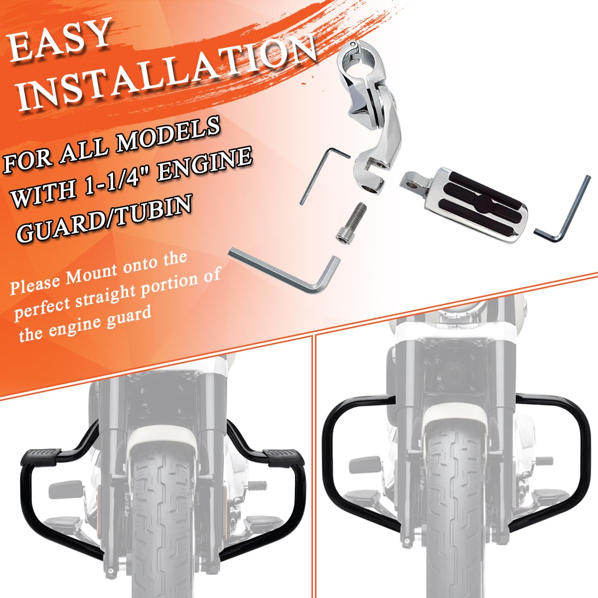 FOVPLUE easy-install clamps securing footpegs to engine guard.