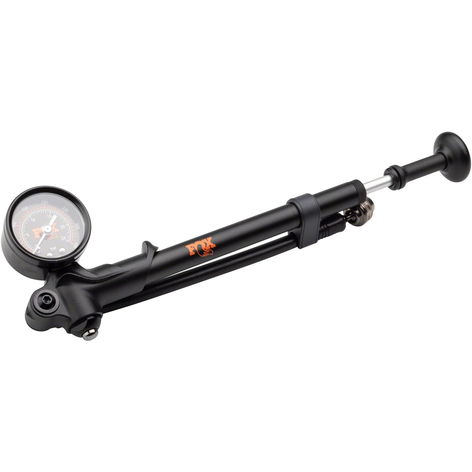 FOX Factory high-pressure shock pump with bleed valve and swivel head for precise suspension tuning.