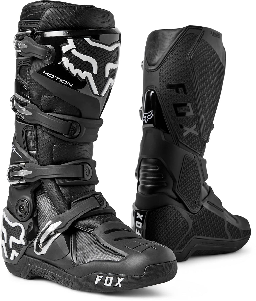 Fox Racing Motion boots front view highlighting slim profile for quick, precise pedal action.