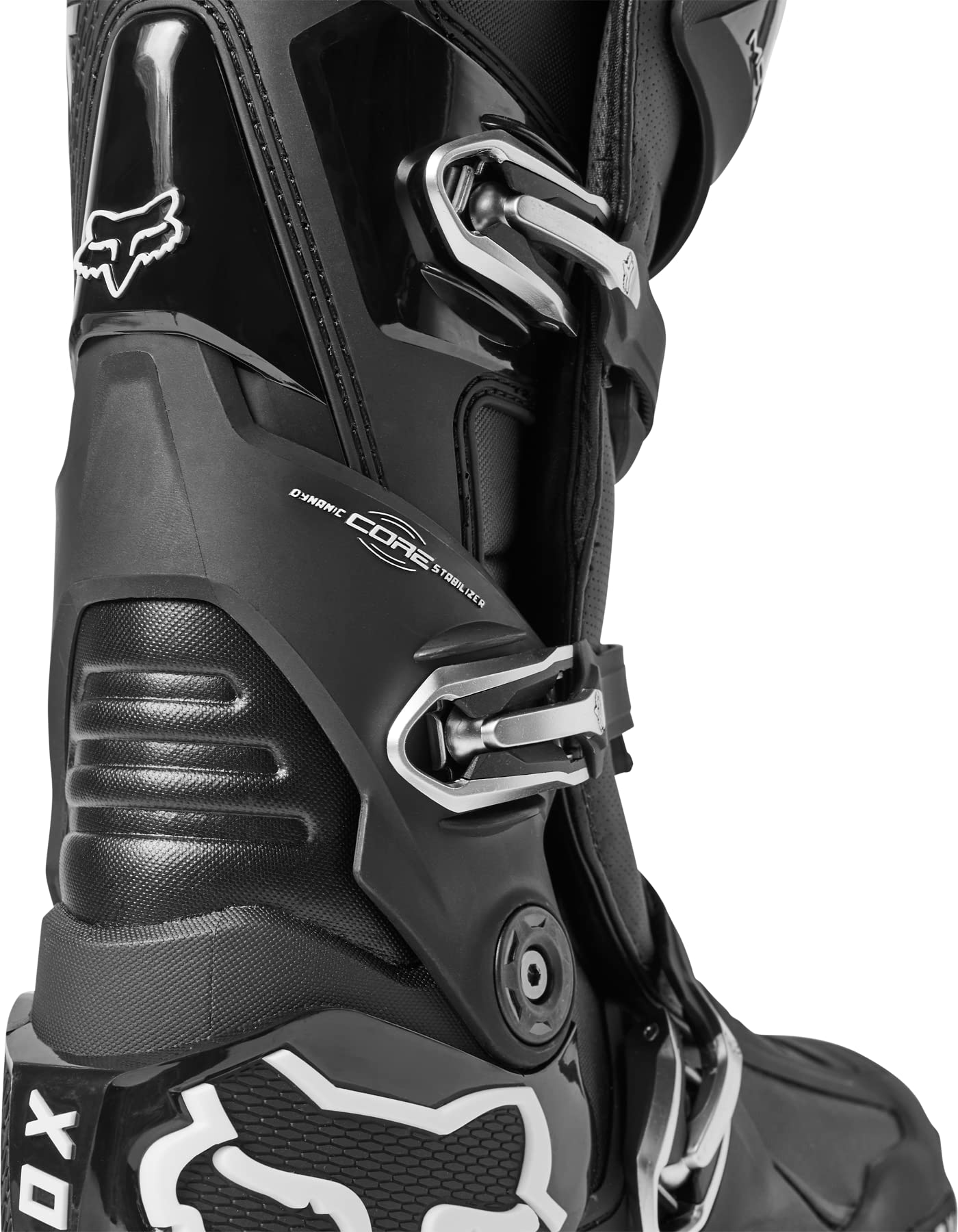 Fox Racing Motion boots sole traction close-up demonstrates grip on footpegs.