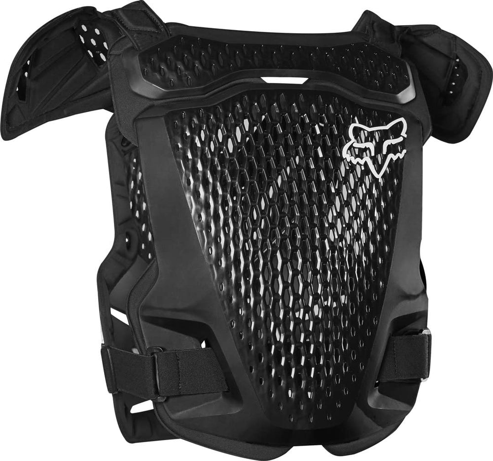 Fox Racing R3 chest guard close-up highlighting low-profile shoulder cups and secure waist closure.