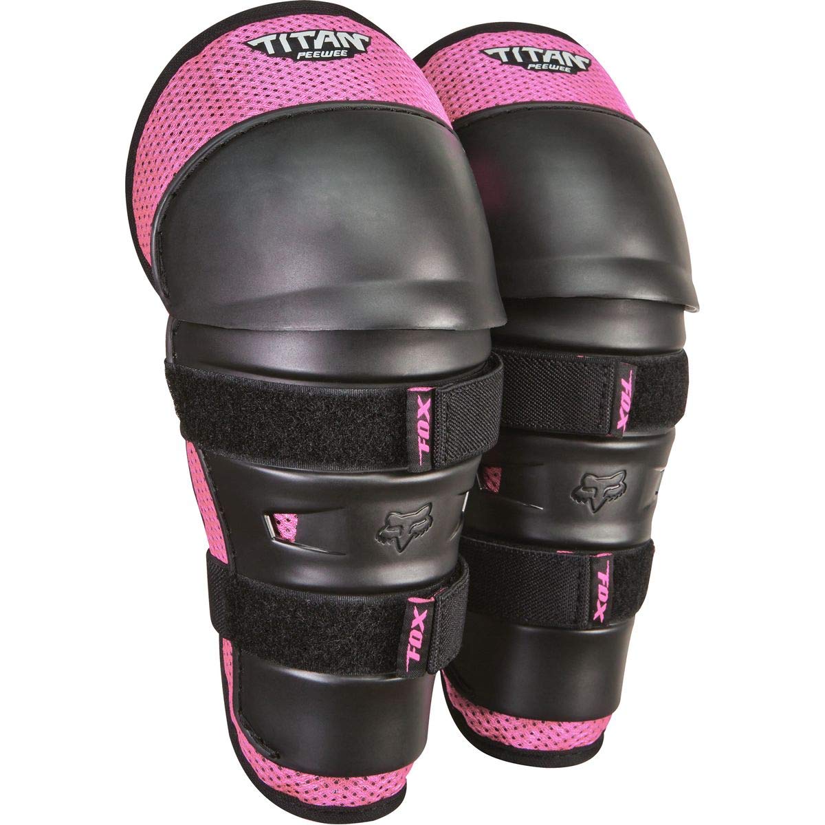 Fox Racing Youth Peewee Titan knee shin pads in black/pink offer comfortable, protective coverage for dirt bike sessions