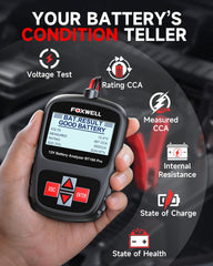 FOXWELL BT100 PRO display reading with clear CCA, SOH, and SOC results.