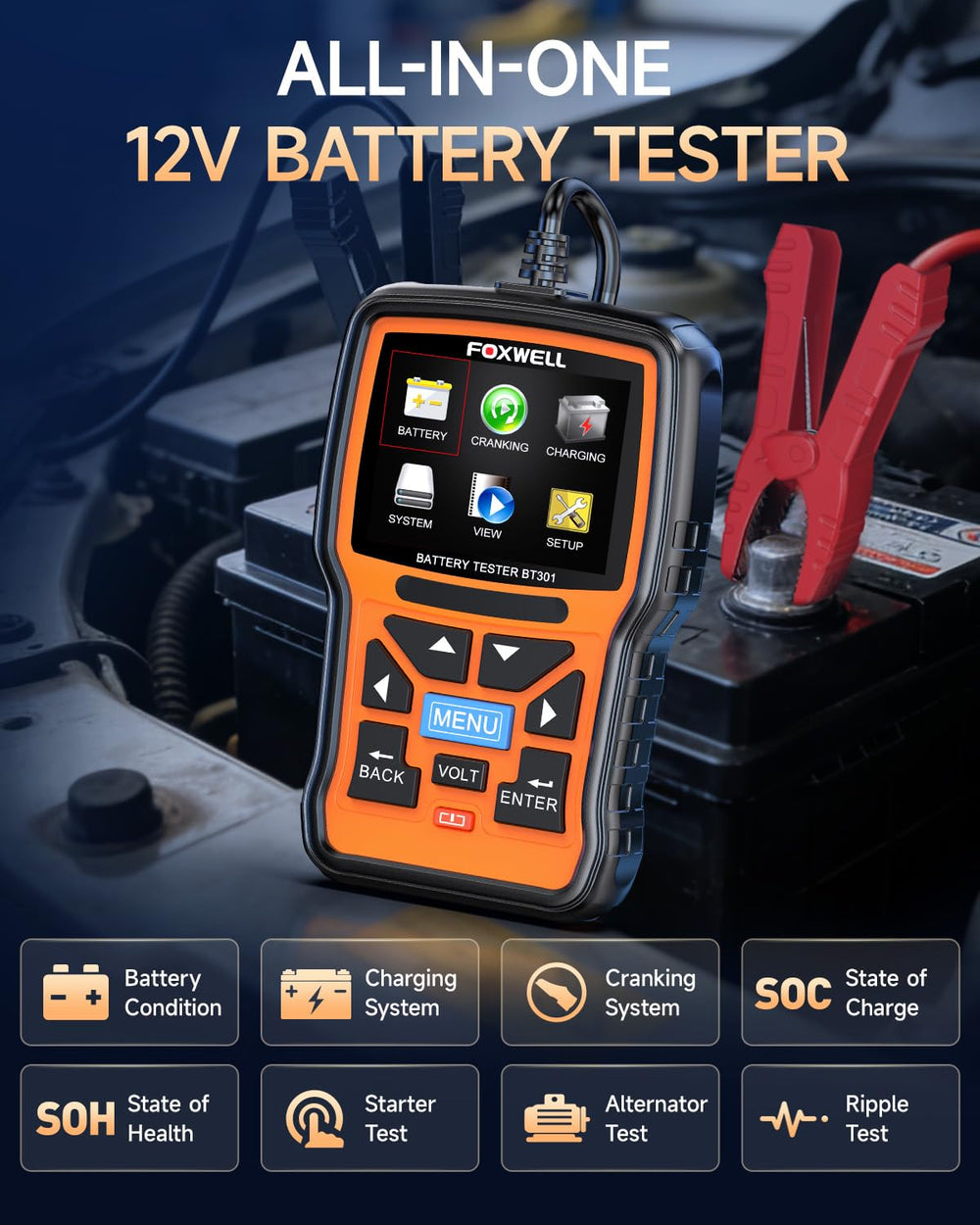 FOXWELL BT301 display reading highlights clear readings in any lighting conditions.