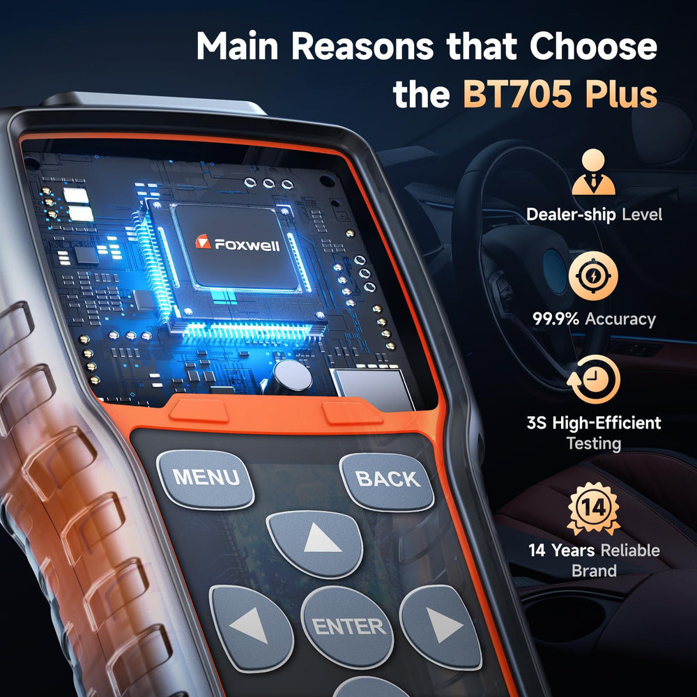 FOXWELL BT705 Plus battery test results screen showing SOH and CCA metrics.