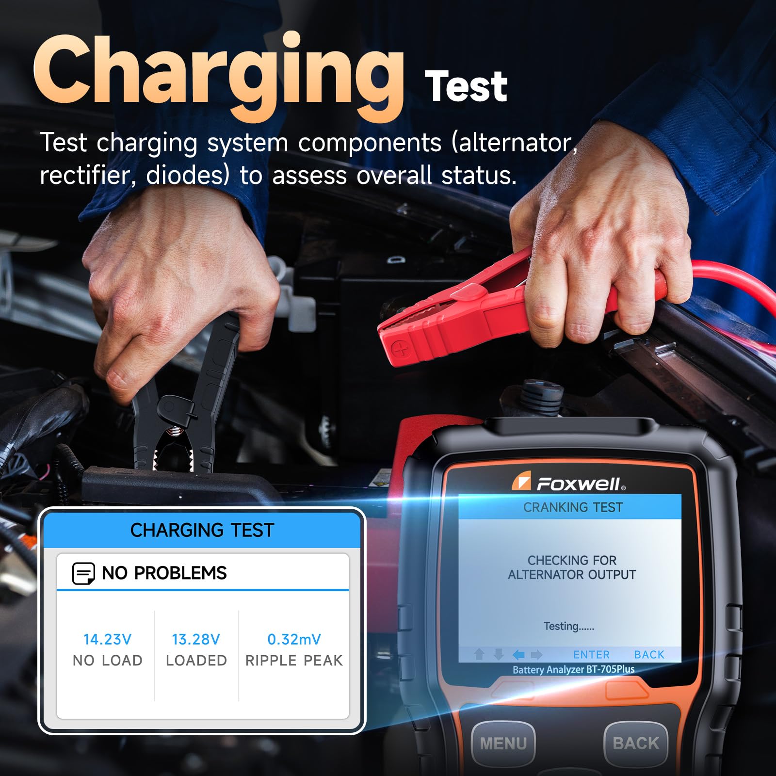 FOXWELL BT705 Plus charging test checks alternator performance in real time.