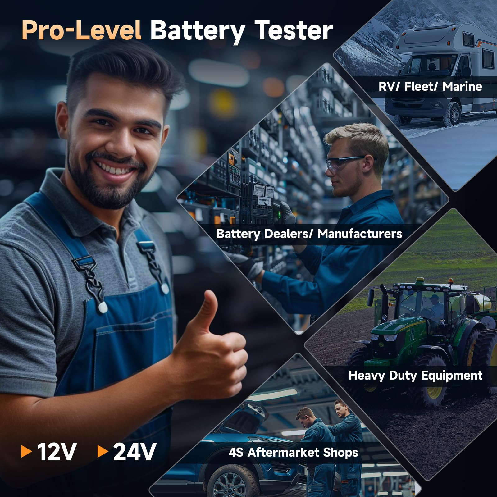FOXWELL BT705 Plus 24V/12V compatibility supports cars, trucks, marine.