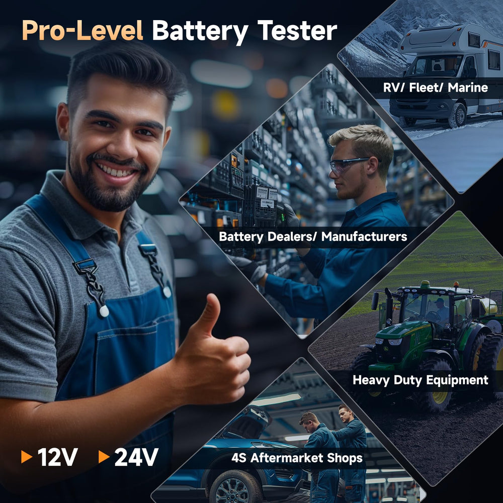 FOXWELL BT705 Plus 24V/12V compatibility supports cars, trucks, marine.
