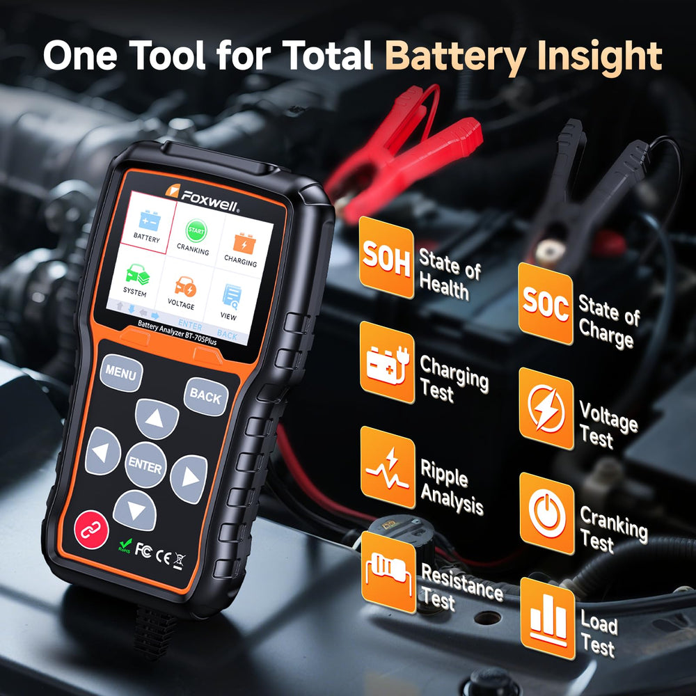 FOXWELL BT705 Plus digital display showing test results in high contrast.