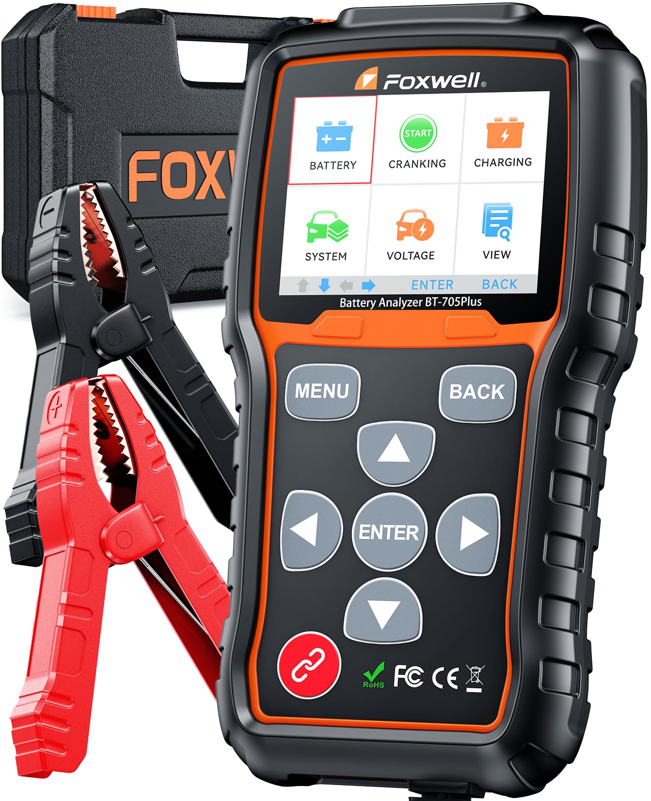 FOXWELL BT705 Plus front panel with clear test menu for quick checks.