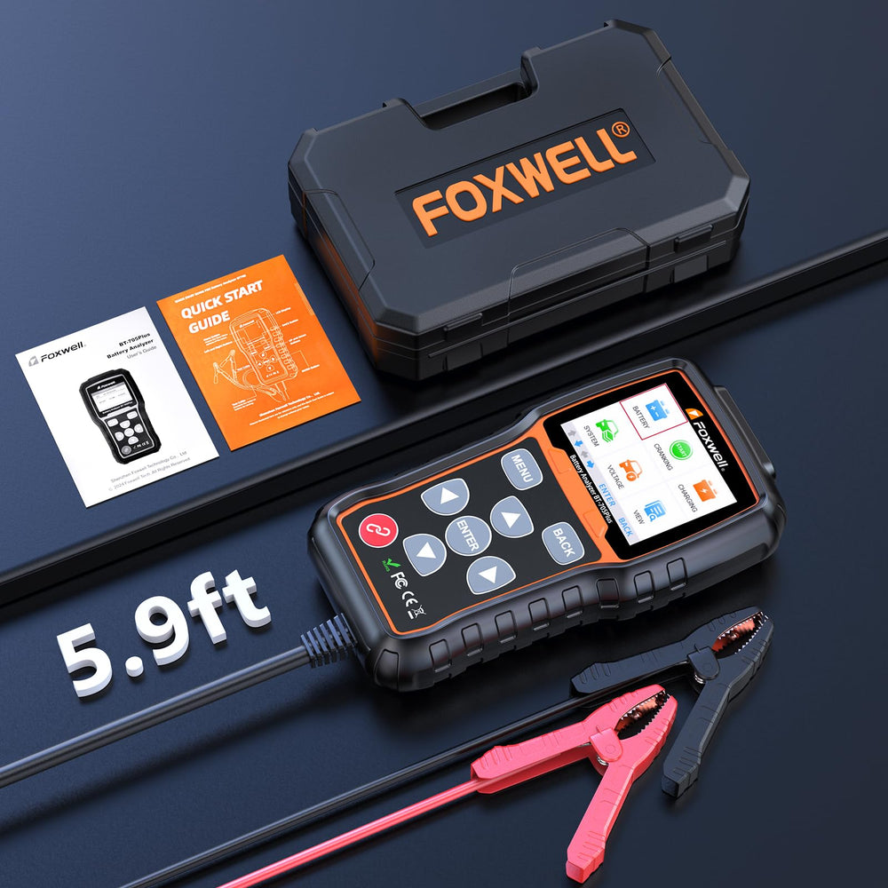 FOXWELL BT705 Plus tester in use for on-site battery checks.