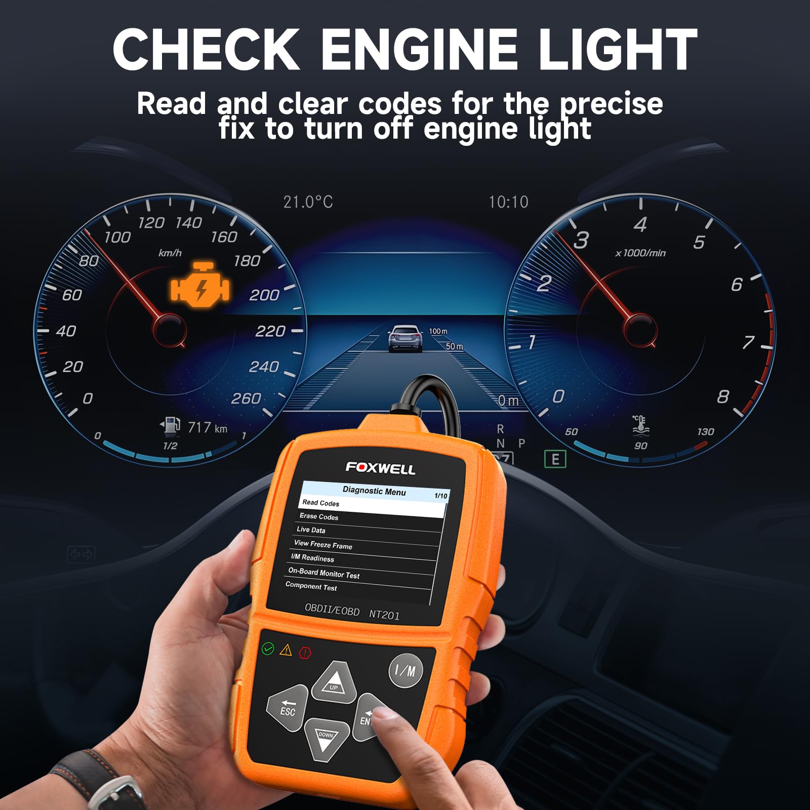 FOXWELL NT201 live data view shows RPM and MAP for troubleshooting.