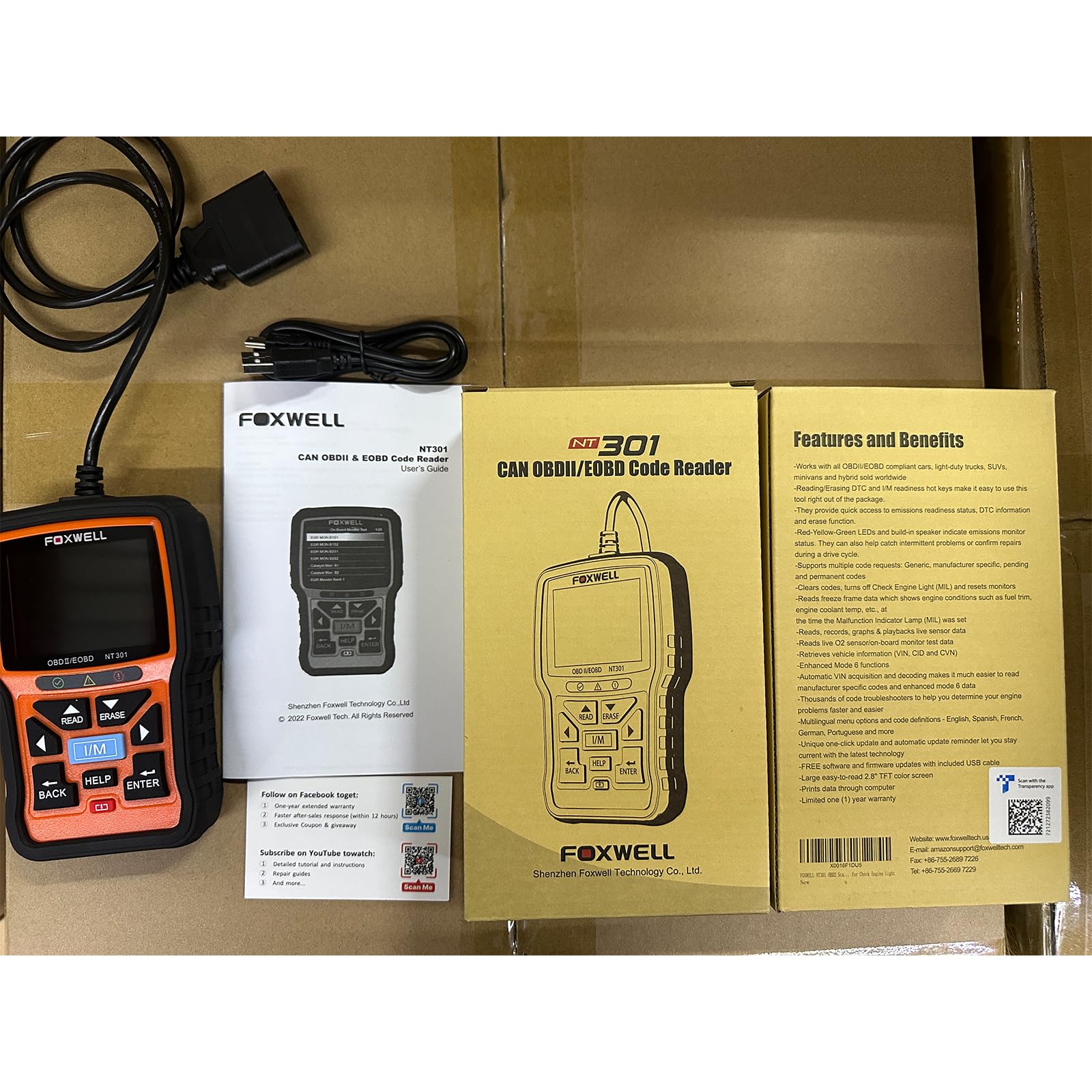 FOXWELL NT301 16-pin DLC plug for easy setup.