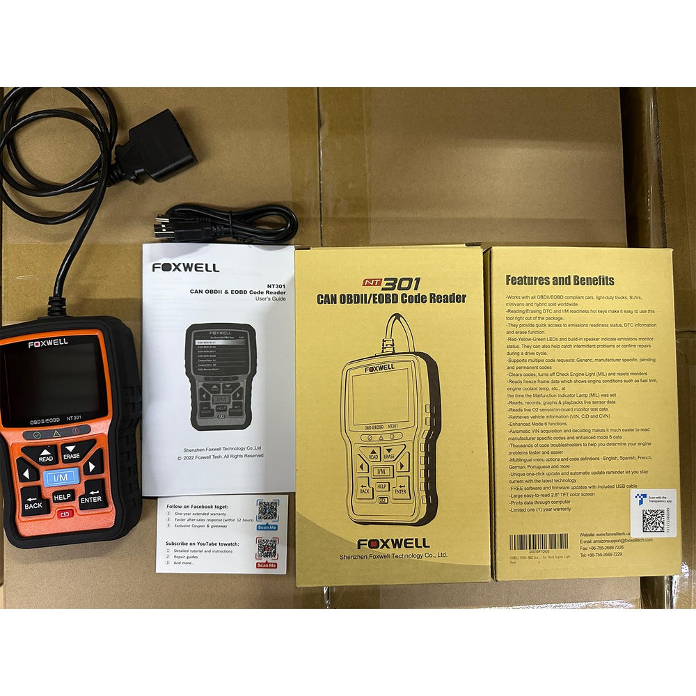 FOXWELL NT301 16-pin DLC plug for easy setup.