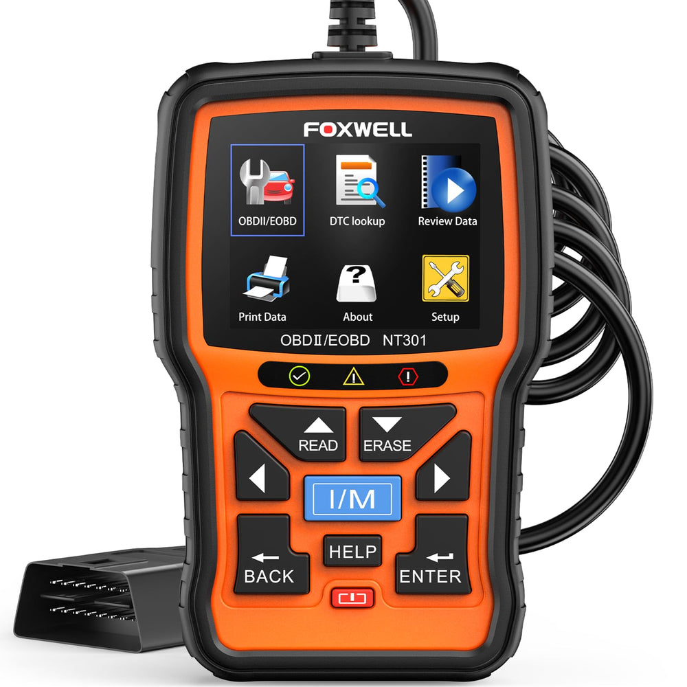 FOXWELL NT301 OBD2 scanner displays diagnostic view for quick DTC checks.
