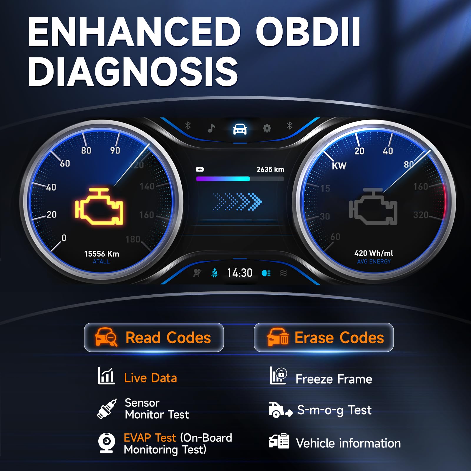 FOXWELL NT301 Plus battery health test highlights SOH and CCA for maintenance.