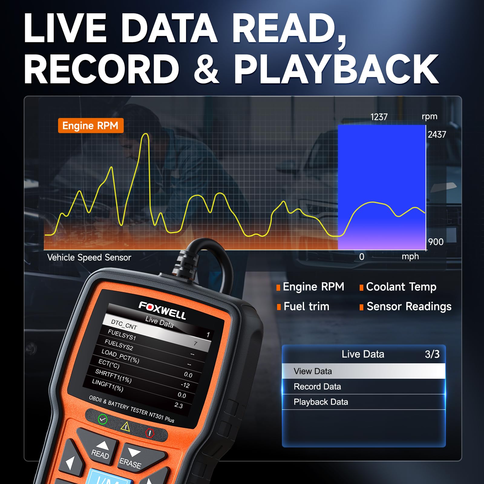 FOXWELL NT301 Plus live data recording captures RPM, temperature, and sensor trends.