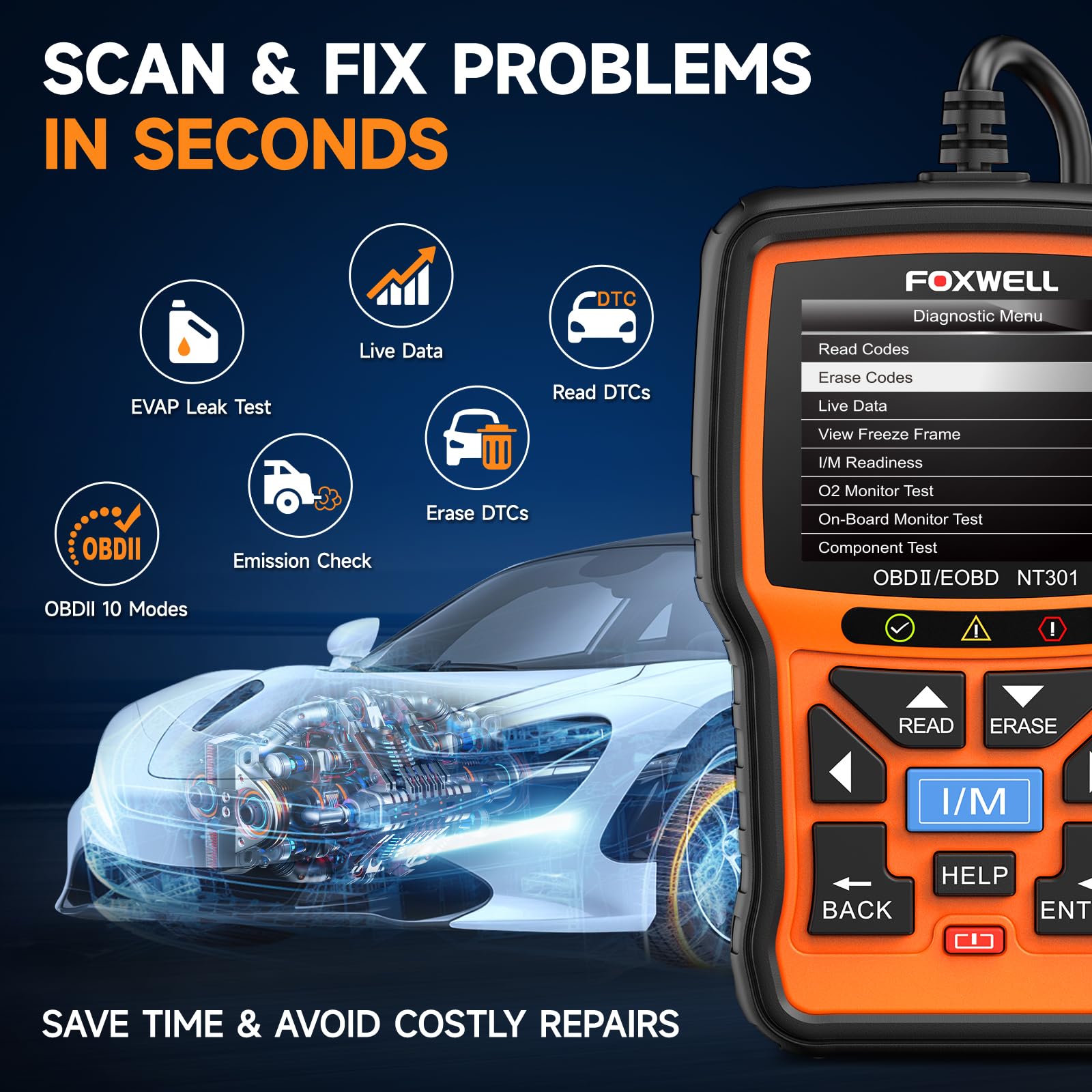 FOXWELL NT301 reads fault codes to identify issues fast.