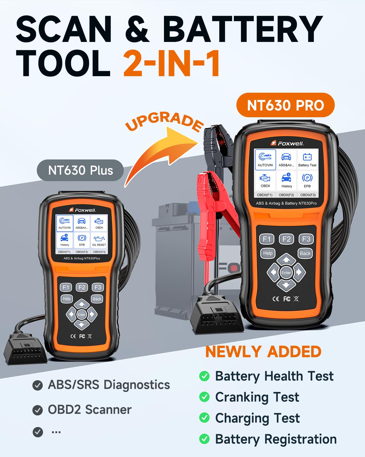 FOXWELL NT630 Pro battery test display shows SOH and charging status.