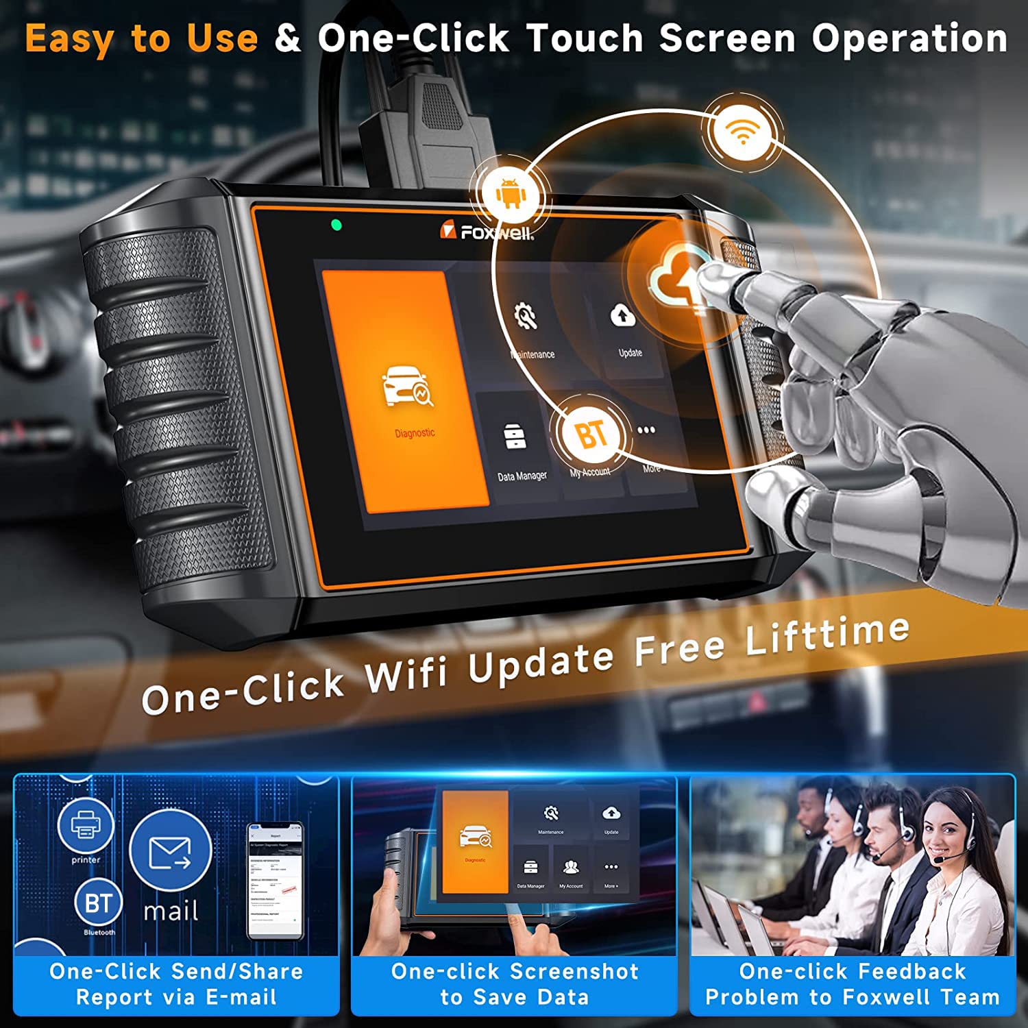 FOXWELL NT716 one-click reports export and share diagnostics.
