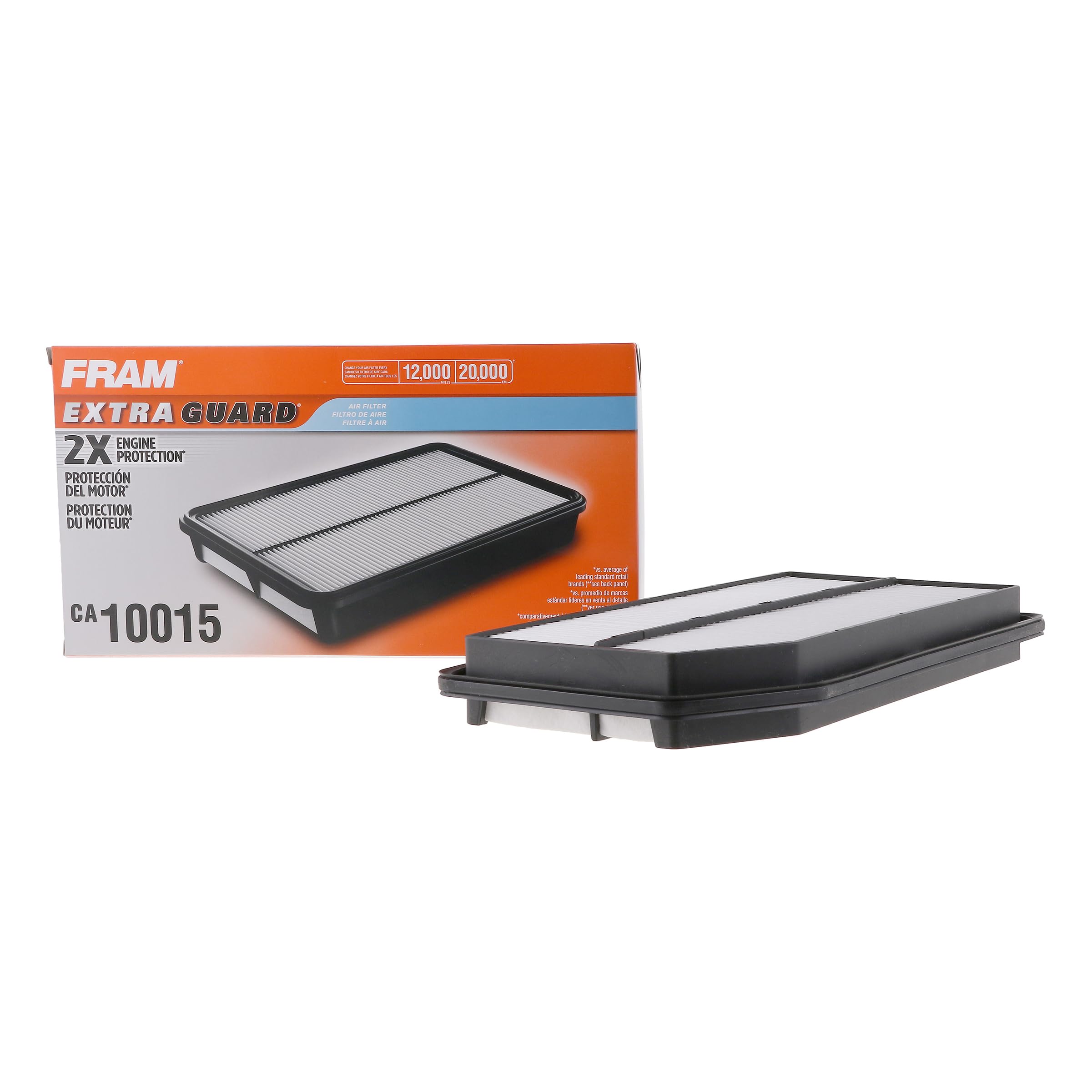 FRAM Extra Guard CA10015 air filter front-angle view guarding the engine from dust