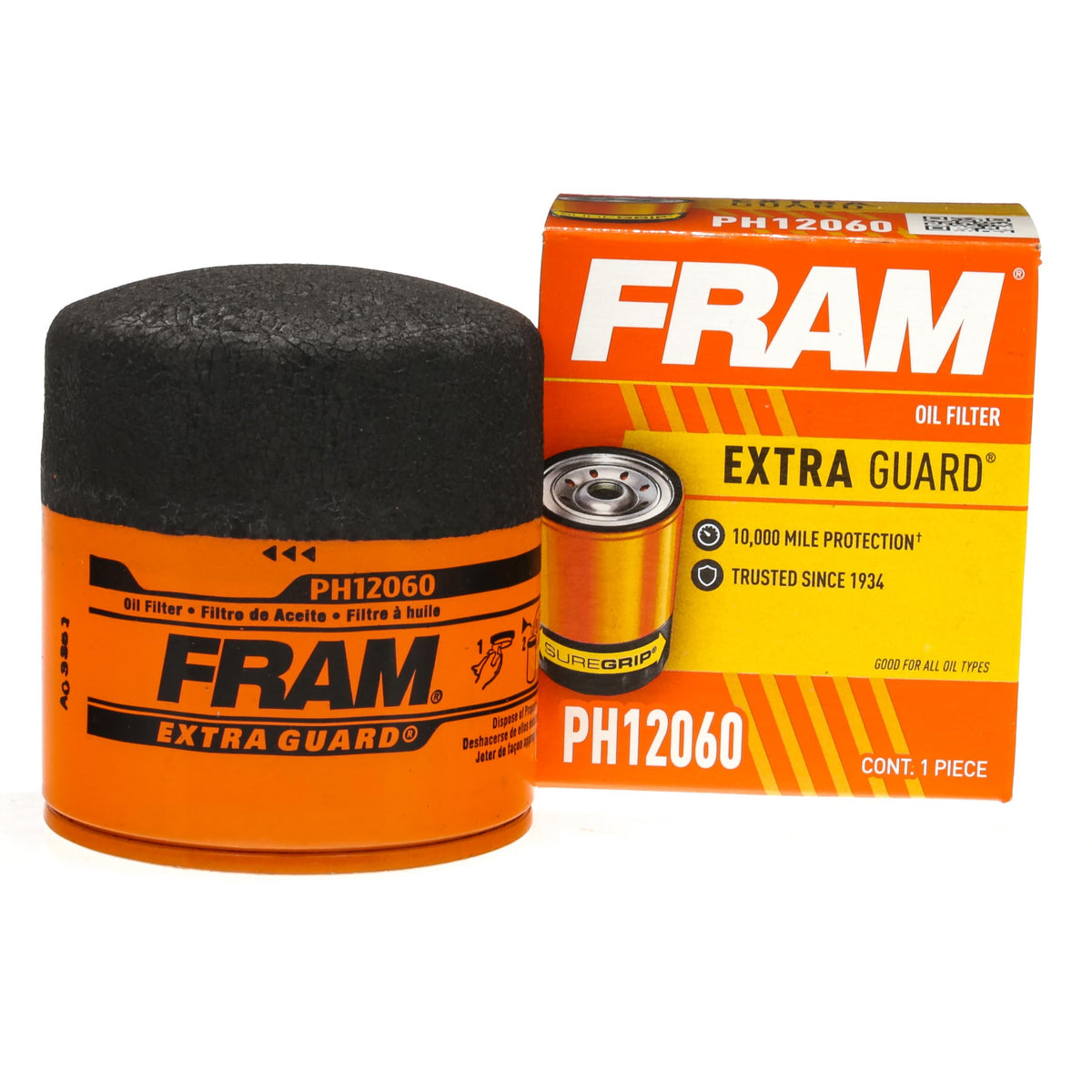 FRAM Extra Guard PH12060 oil filter in packaging showing dependable engine protection