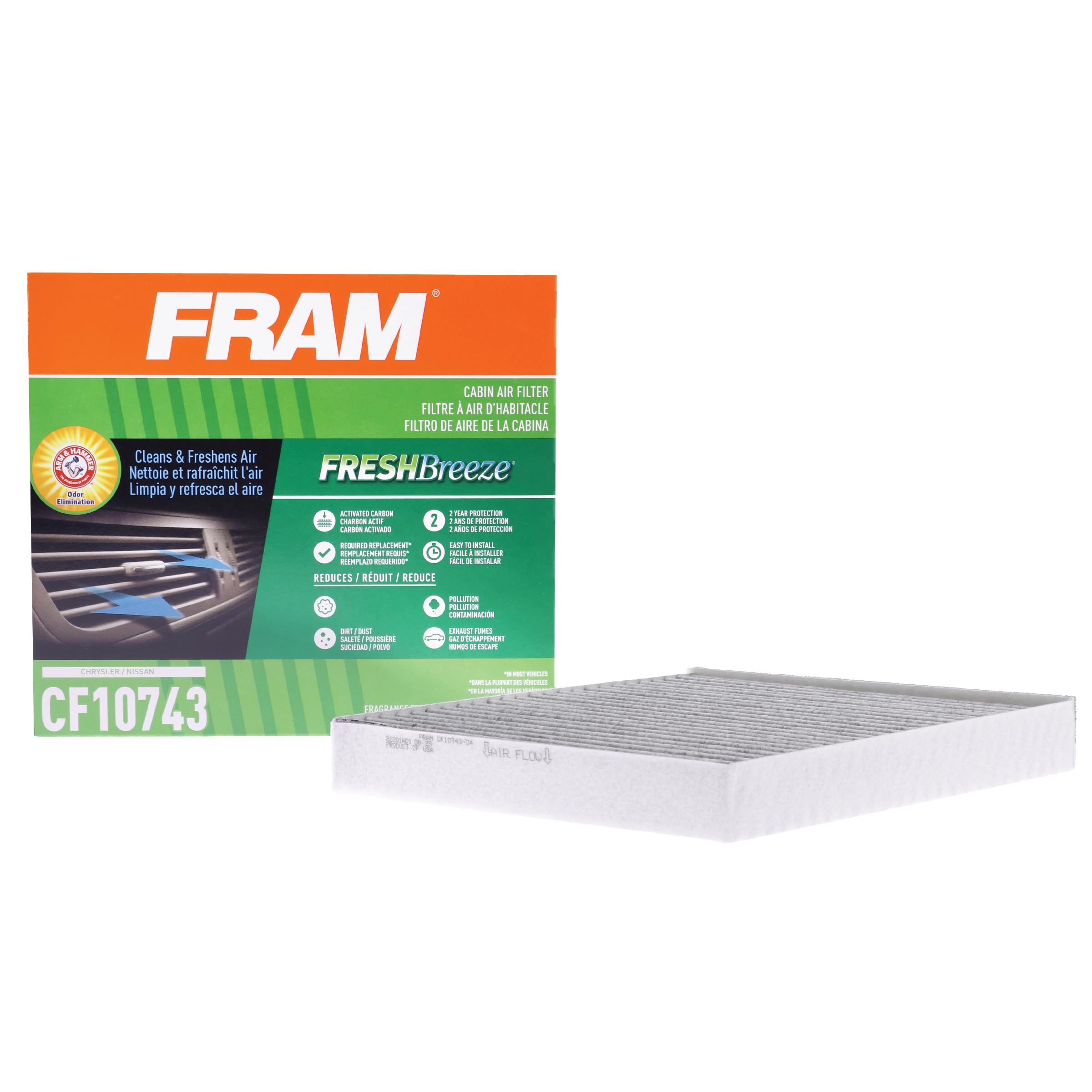 FRAM Fresh Breeze front view cabin filter with deodorizing action for car air.
