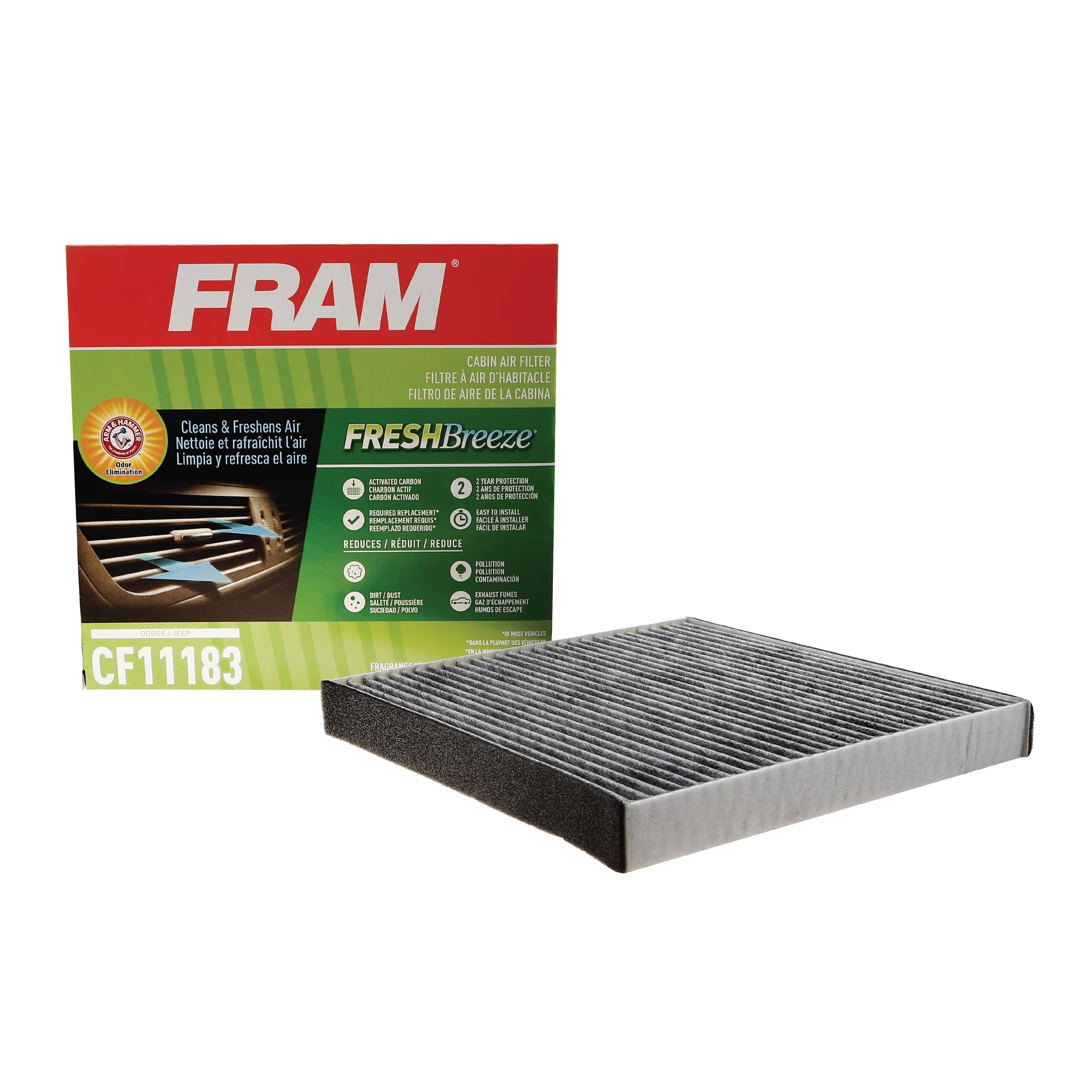 FRAM Fresh Breeze cabin air filter package highlights clean cabin air and branding.