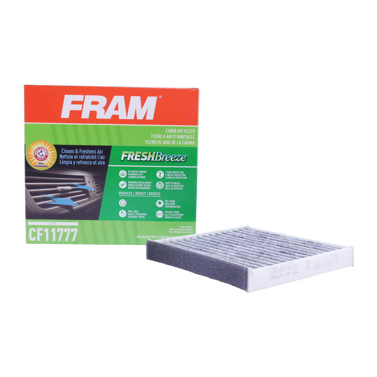 FRAM Fresh Breeze cabin filter packaging highlights baking soda odor control.