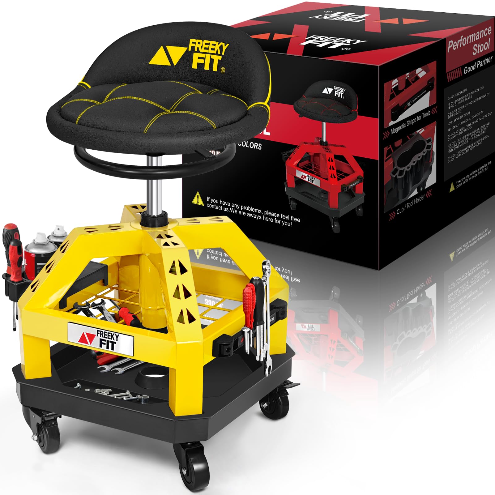 FreekyFit rolling shop stool with four 360° casters enables smooth garage movement.