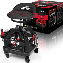 FreekyFit rolling shop stool with 360° casters for easy garage maneuverability.