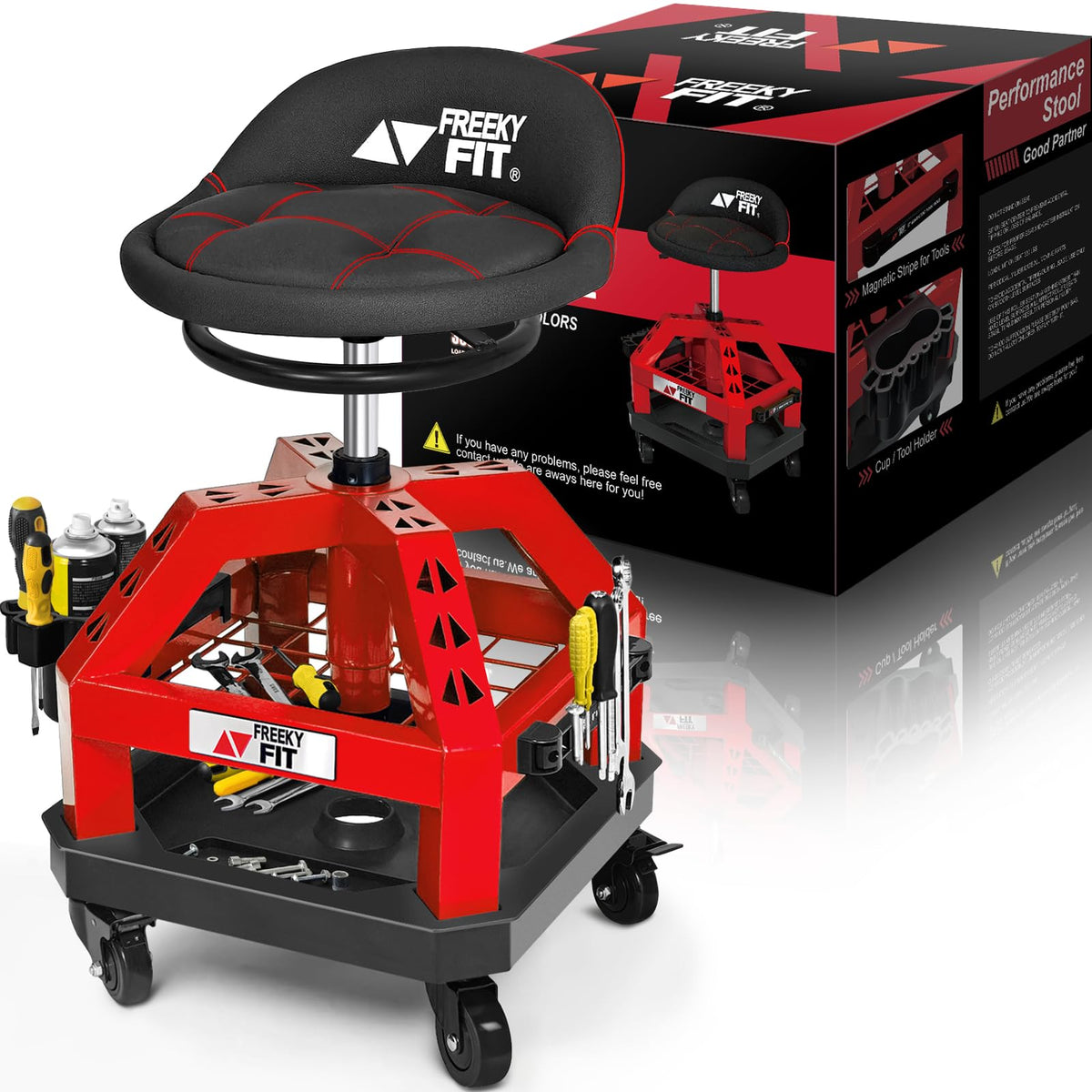 FreekyFit rolling shop stool with casters for easy garage mobility