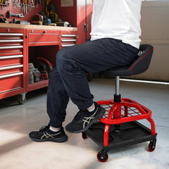 FreekyFit rolling stool with backrest supports comfort during long tasks.