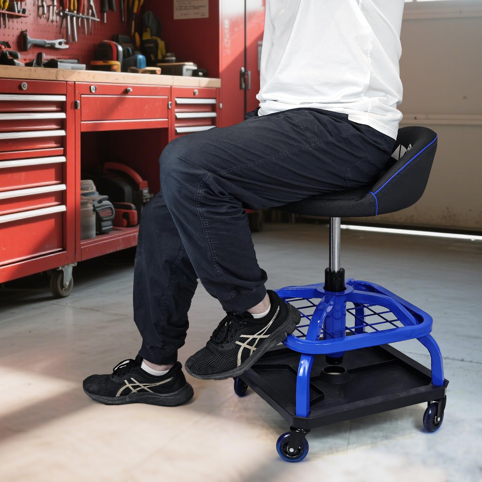 FreekyFit rolling stool backrest provides lumbar support for long sessions.