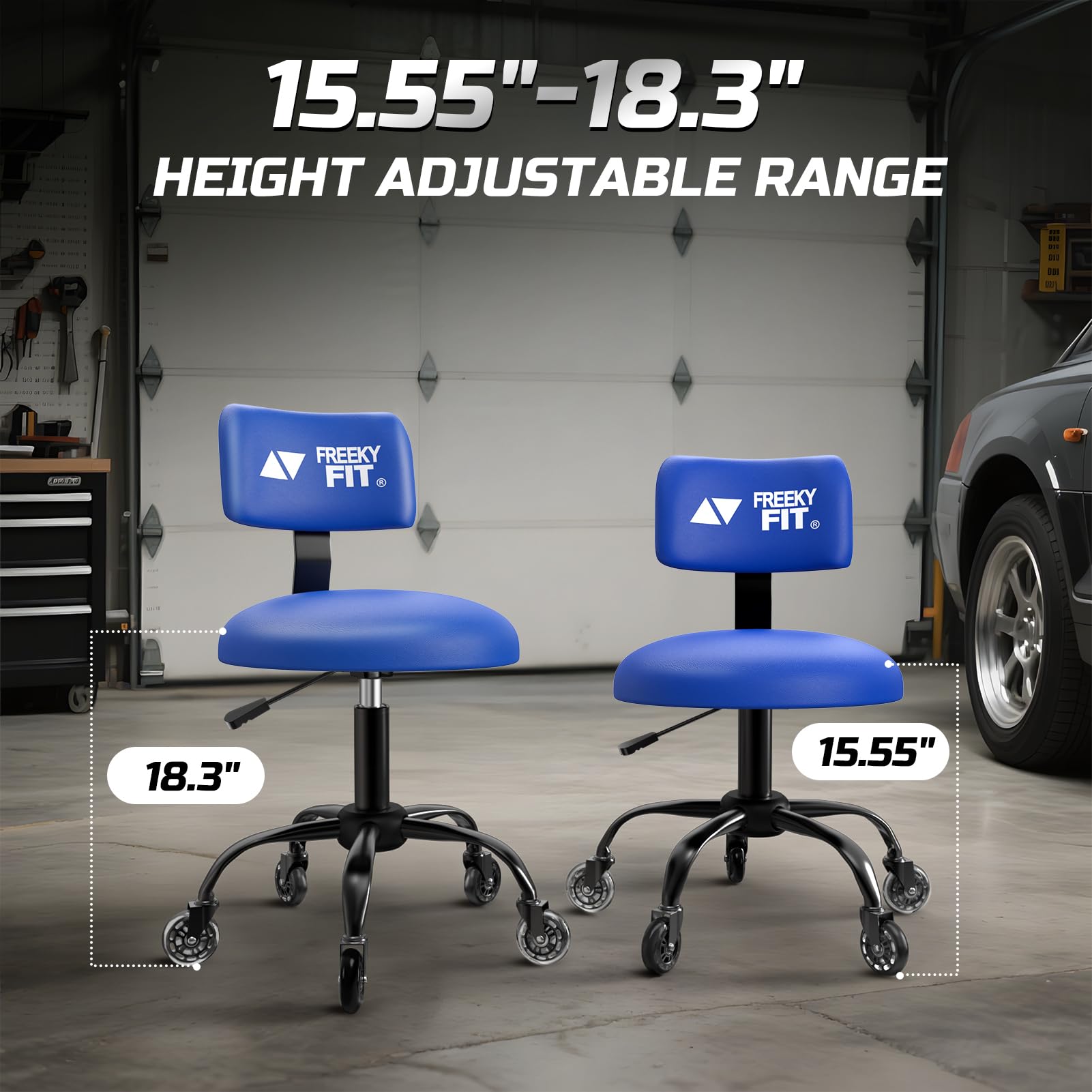 FreekyFit blue stool front view showcasing adjustable height feature
