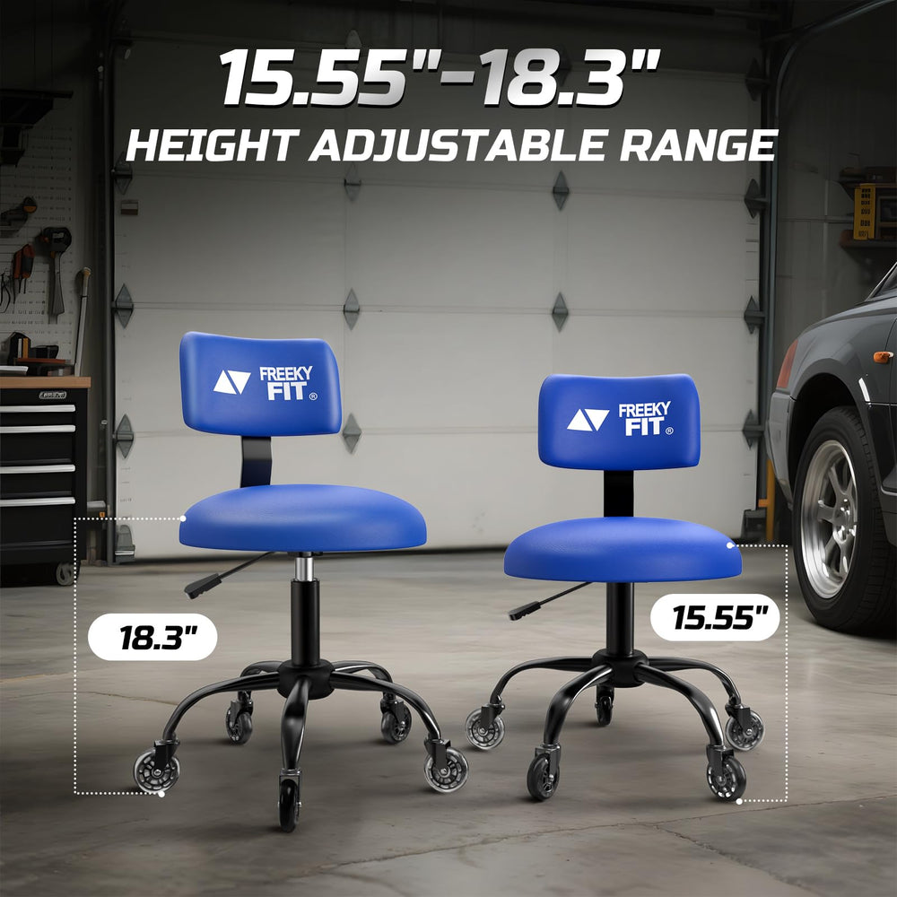 FreekyFit blue stool front view showcasing adjustable height feature