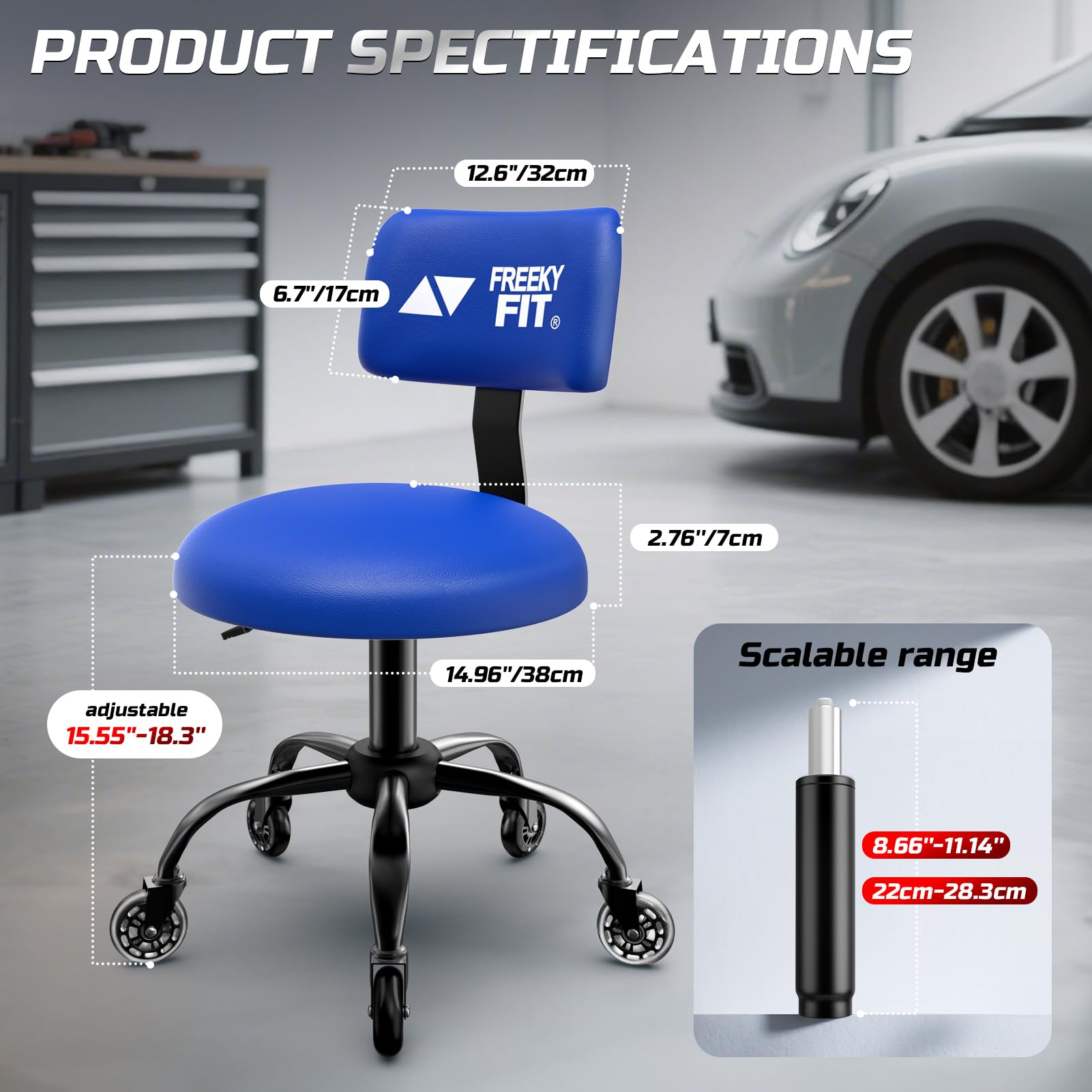 FreekyFit blue rolling stool suitable for multiple use cases