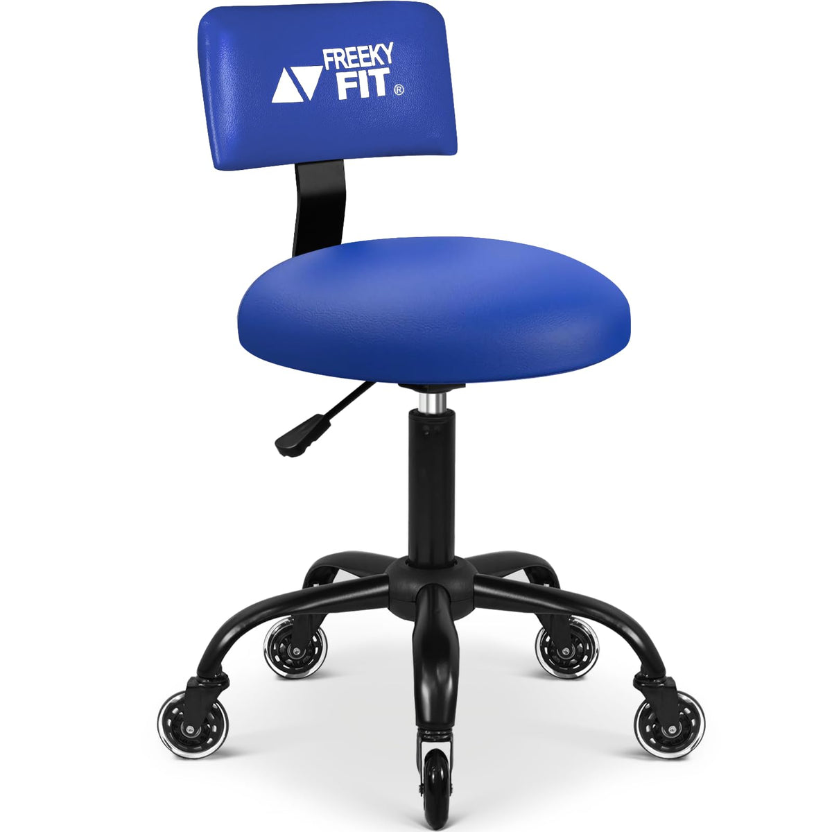 FreekyFit rolling stool blue side view highlighting mobility for garage tasks