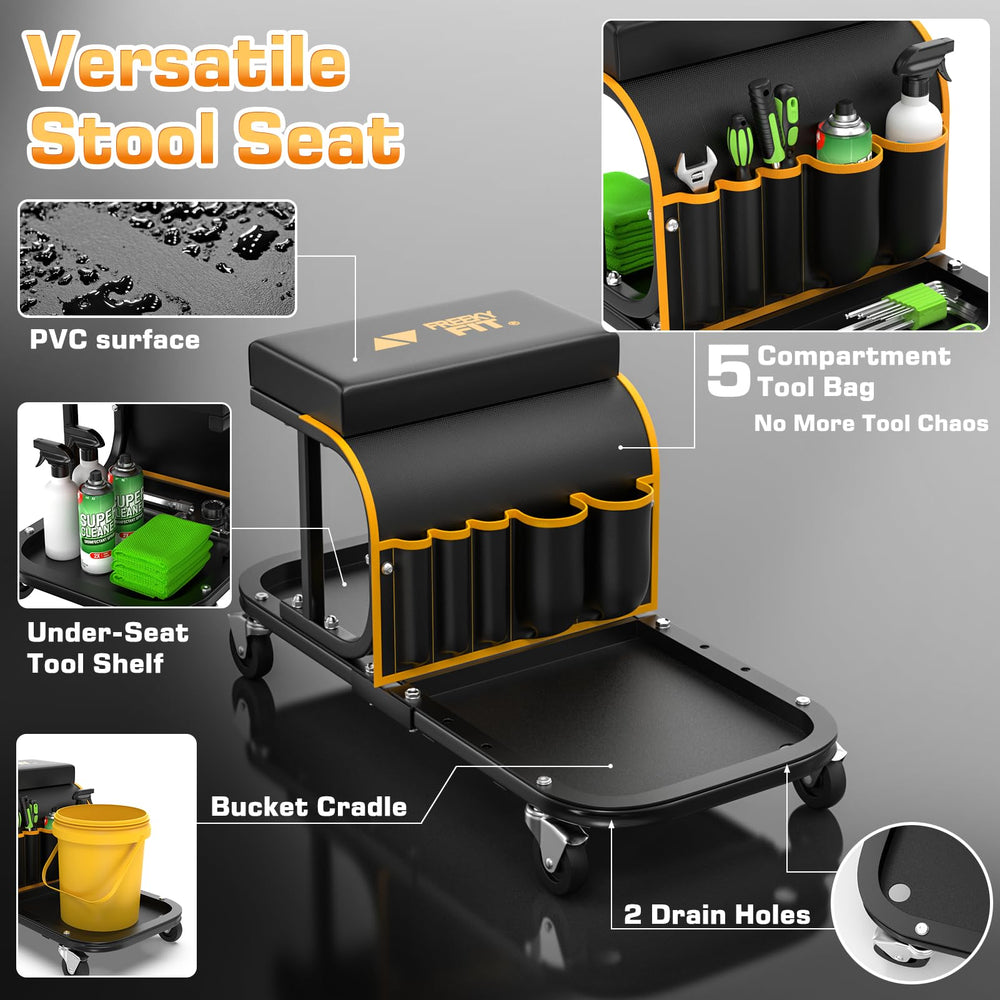 Bright yellow FreekyFit stool enhances visibility in busy workshops