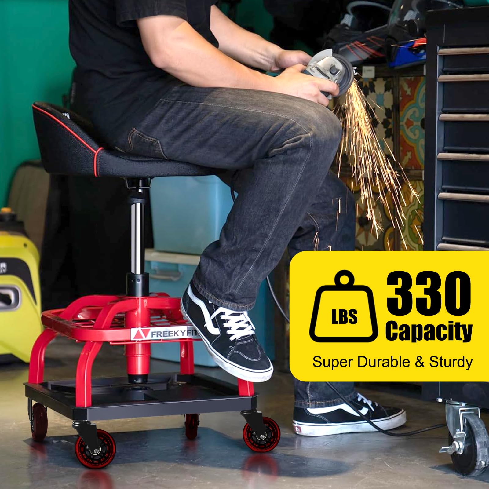 FreekyFit rolling stool with quiet wheels on smooth surfaces.