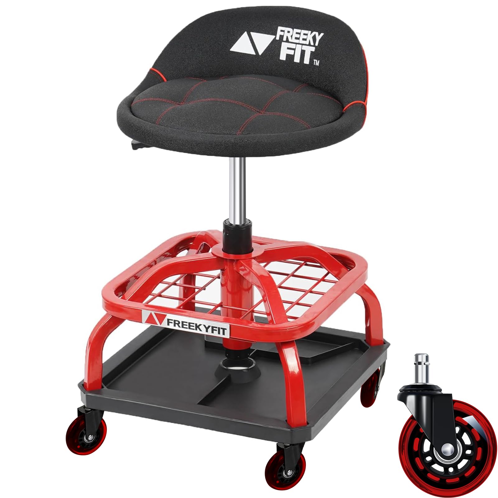 FreekyFit rolling stool with red wheels enables smooth mobility on garage floors.