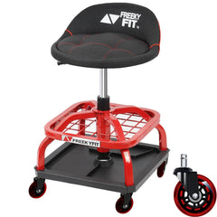 FreekyFit rolling stool with red wheels enables smooth mobility on garage floors.