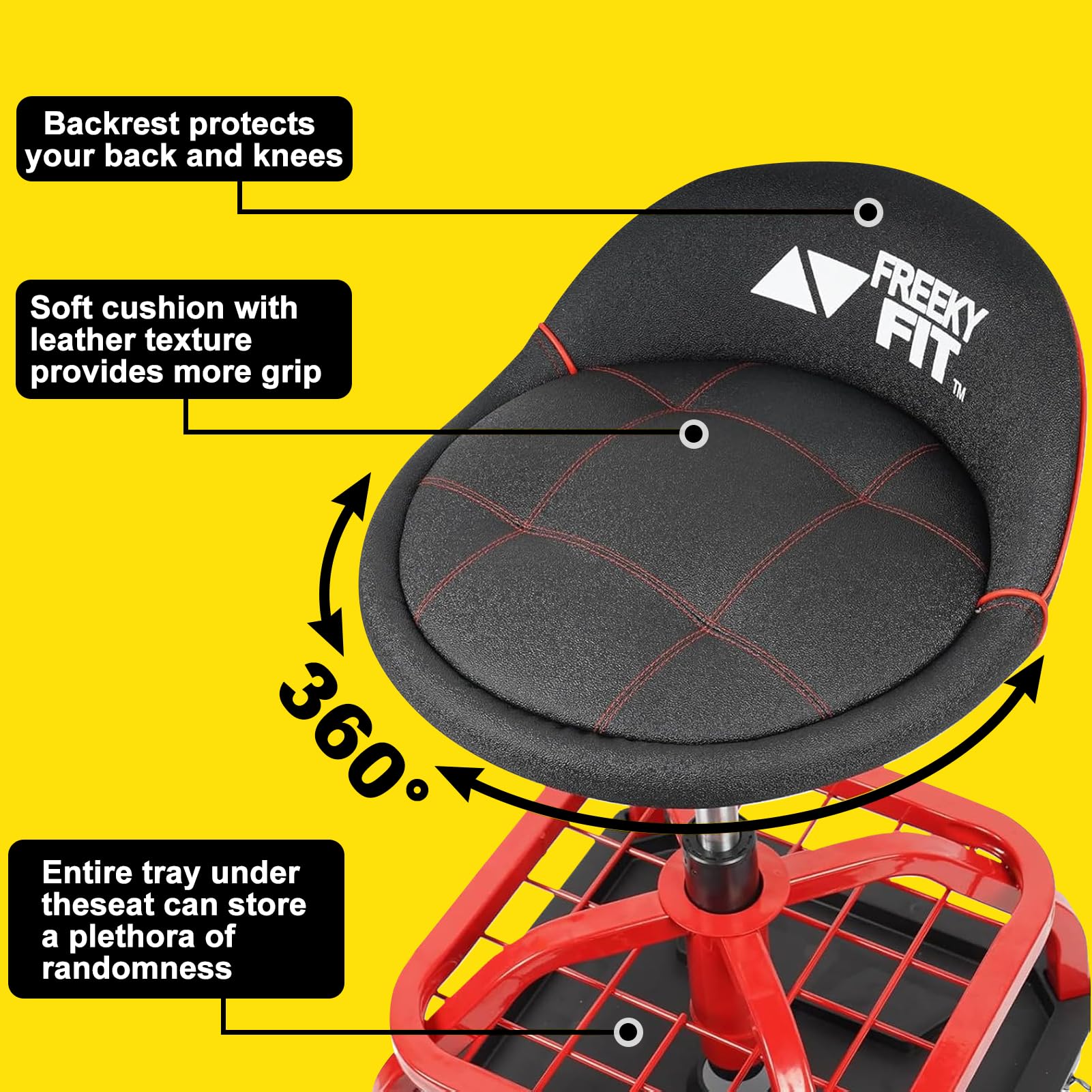FreekyFit rolling stool with under-seat tool trays for quick access.